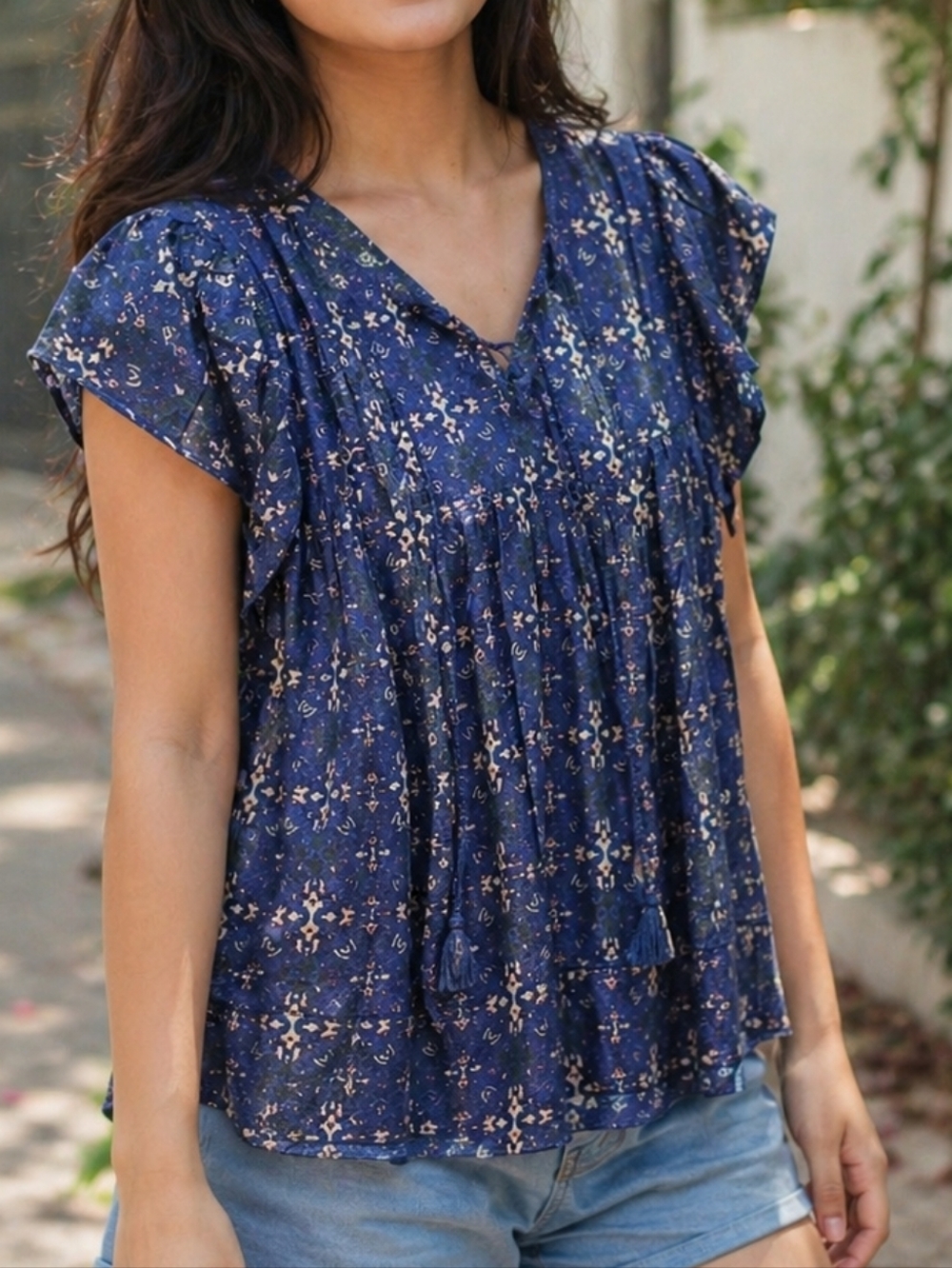 Nwt Melissa Nepton Navy Floral Blouse Boho Chic V-Neck Flutter Sleeve